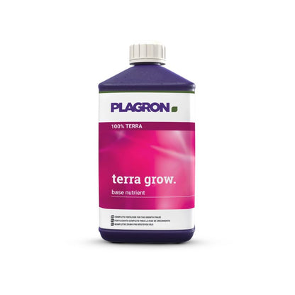 A bottle of Plagron Terra Grow base nutrient from Bertels B.V. is displayed. It has a purple cap and a pink label with white and green text, aimed at promoting faster plant growth during the growth phase.