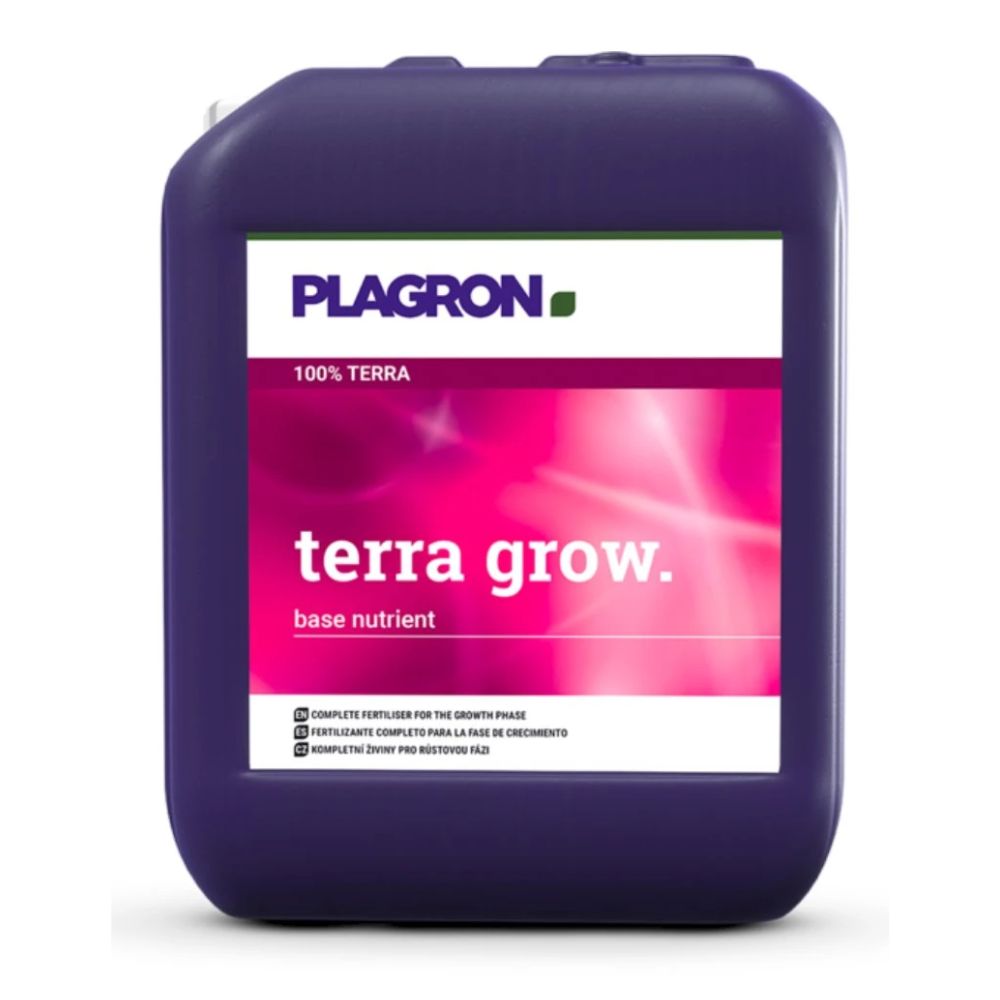 A purple container labeled "Plagron Terra Grow" from Bertels B.V. features a pink-white design. It is a mineral-based complete fertilizer that promotes rapid plant growth during the growth phase, with multilingual text.