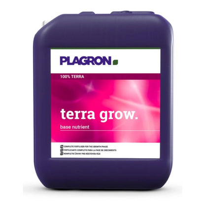 A purple container labeled "Plagron Terra Grow" from Bertels B.V. features a pink-white design. It is a mineral-based complete fertilizer that promotes rapid plant growth during the growth phase, with multilingual text.