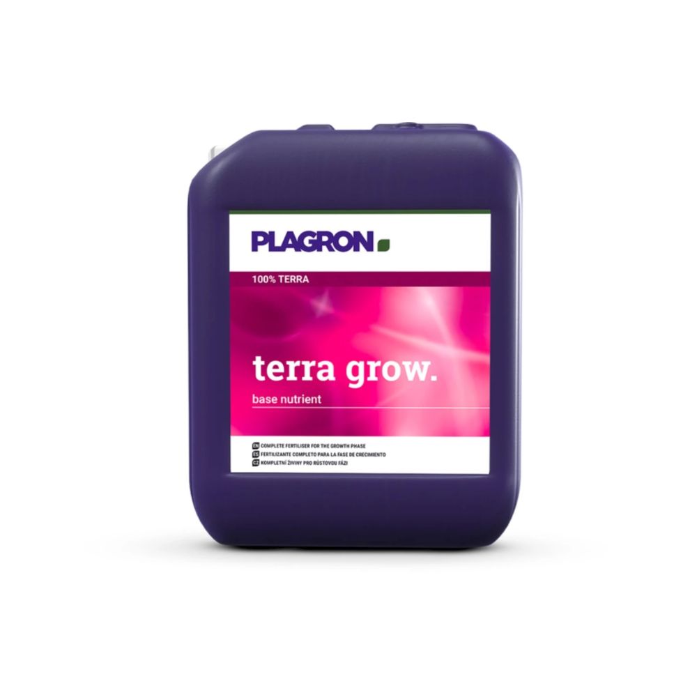 A purple container of Plagron Terra Grow from Bertels B.V. is presented with a white label and a pink section, highlighting its role in promoting faster plant growth during the growth phase.