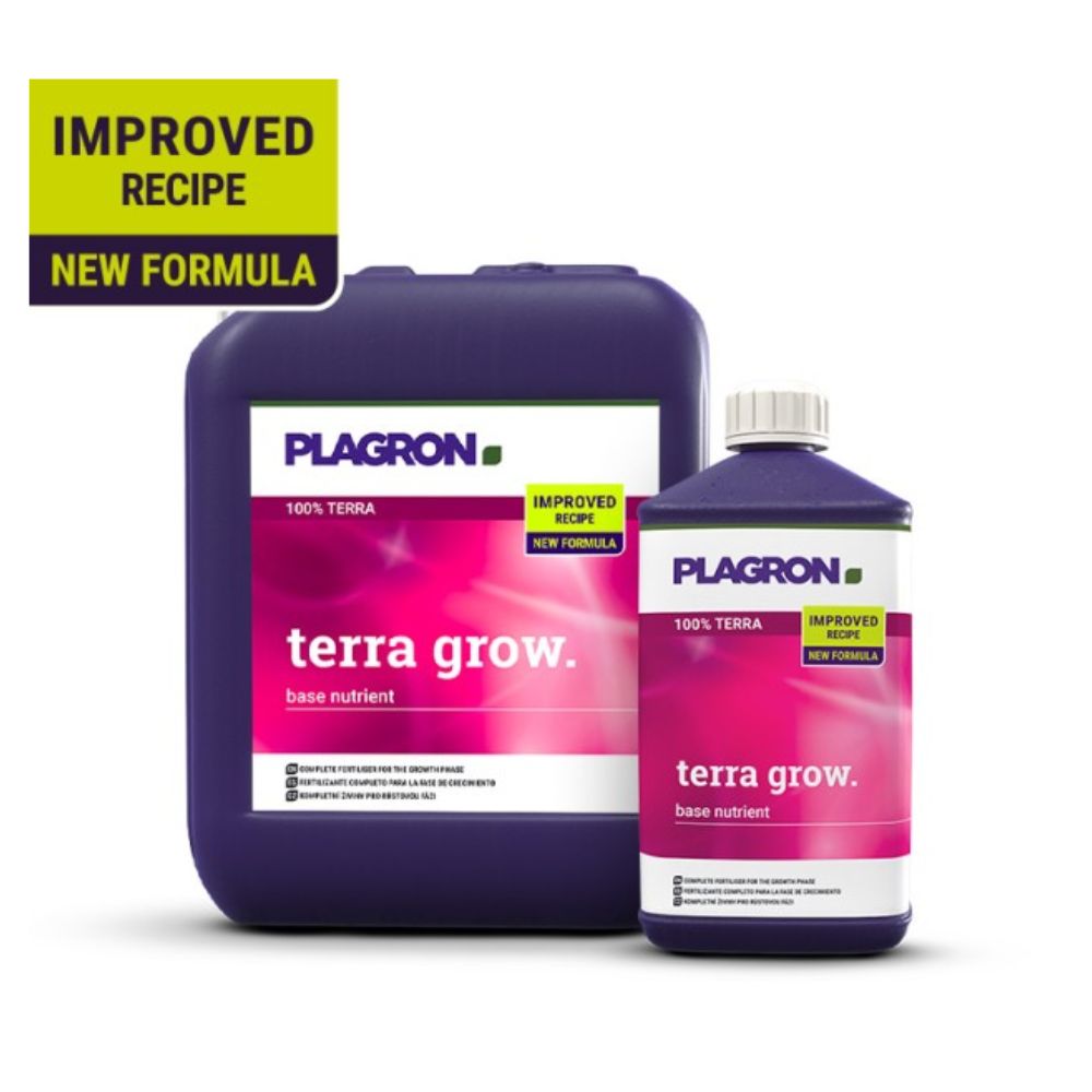 Two containers of Plagron Terra Grow mineral-based fertilizer from Bertels B.V. are set against a white background. The larger purple container and the similar smaller bottle have pink and white labels promoting an improved formula for faster plant growth during the growth phase.