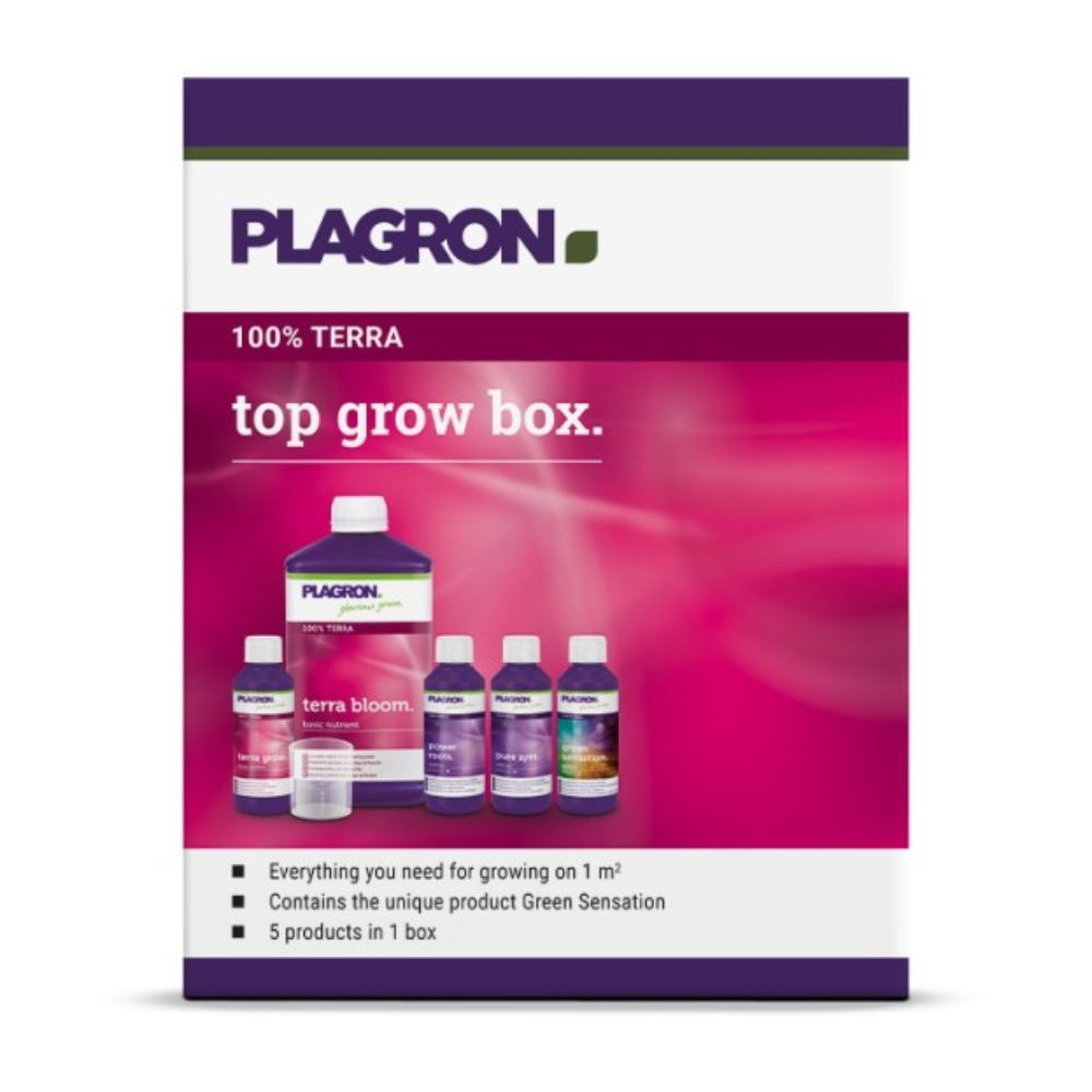 The “Plagron Top Grow Box 100% Terra - Grow Set for Soil | 1 Piece” by Bertels B.V. includes bottles like “Terra Bloom” and “Terra Grow”. The box is designed in purple and pink and features text describing its properties and contents.
