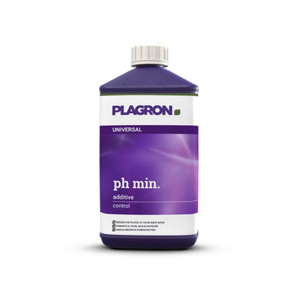 A plastic bottle labeled „Plagron pH Min“ by the brand Bertels B.V. in purple-white design acts as a pH regulator. It ensures the balance of the nutrient solution and features a screw cap with a detailed, small-print user manual for precision.