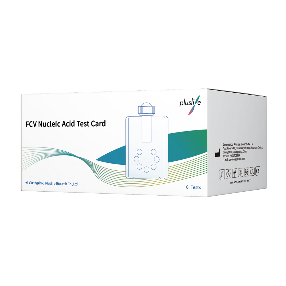A white box with a green-blue wave design contains the Pluslife FCV Nucleic Acid Test Card | Pack (10 pieces). The front of the box shows an image of a test card and names the manufacturer as Guangzhou Pluslife Biotech Co., Ltd. The pack contains 10 molecular tests for cats.