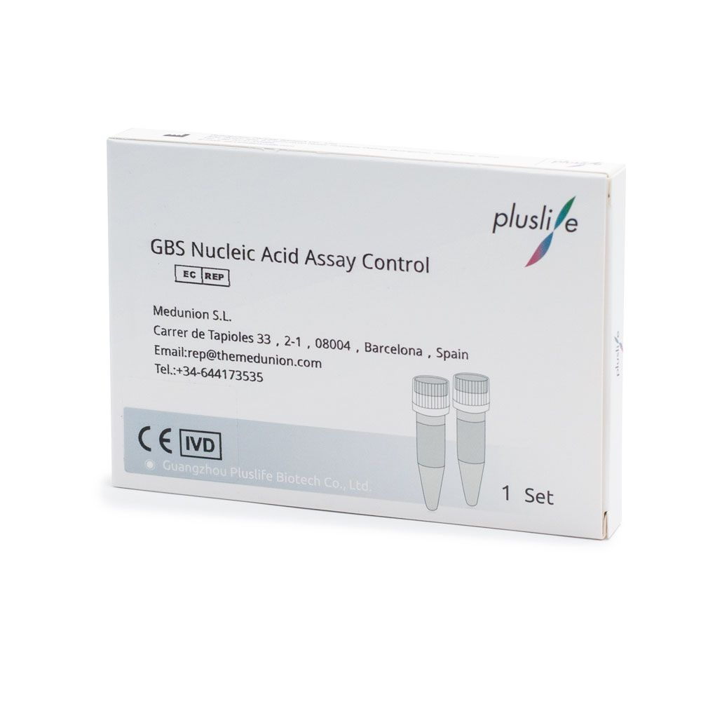 The package labeled “Pluslife GBS (Strep B) Nucleic Acid PCR Control Kit” contains contact information for Medunion S.L. in Barcelona, Spain, and Guangdong Pluslife Biotech Co., Ltd. This kit, designed for PCR tests, contains test controls for Streptococcus agalactiae with two small vials depicted on the packaging.