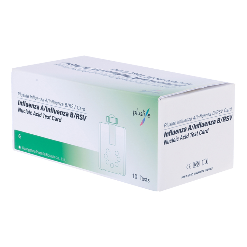 A box of Pluslife Influenza A / Influenza B / RSV test kits (10 tests) from Pluslife Co., Ltd., contains 10 tests, with labels in English and markings indicating CE certification.