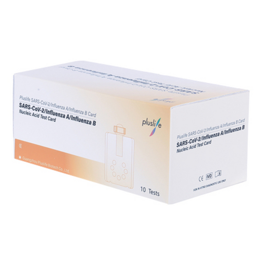 Eine Schachtel Pluslife SARS-CoV-2 / Influenza A / Influenza B Testkits (10 Tests) für Nukleinsäuretests, enthält 10 Tests.