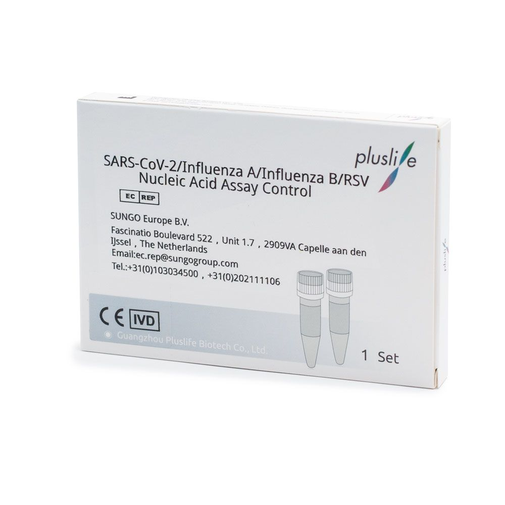 A package labeled “Pluslife SARS-CoV-2/Influenza A/Influenza B/RSV Nucleic Acid PCR Control Kit | Pack (1 Pair)” from Sunggo Europe B.V. contains certification marks, contact information, and shows an image of two vials, highlighting the product's function as an accurate control kit for an effective influenza PCR test.