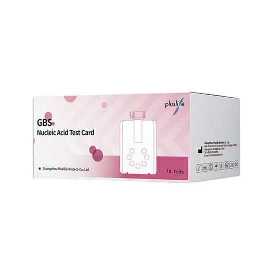The Pluslife Group B Streptococcus test kits from MedRhein GmbH come in a pink-and-white box, provide rapid in vitro detection of Group B Streptococcus, contain 10 tests, and are manufactured by Guangzhou Pluslife Biotech Co., Ltd.