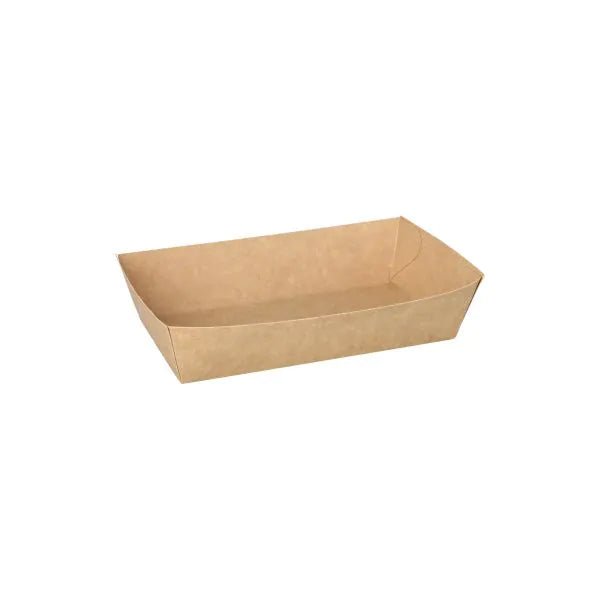An PAPSTAR 50 snack trays, cardboard "pure" - brown by PAPSTAR GmbH stands empty on a white background. The rectangular, eco-friendly tray with beveled sides is simple and free of inscriptions or decorations.