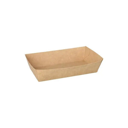 A simple, rectangular brown "PAPSTAR 50 snack trays, cardboard 'pure' - brown" from PAPSTAR GmbH stands empty on a white background - an eco-friendly disposable serving solution made of cardboard.