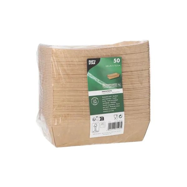 50 brown, rectangular PAPSTAR GmbH snack trays made of cardboard "pure" in clear foil with a green-white front label with product information.