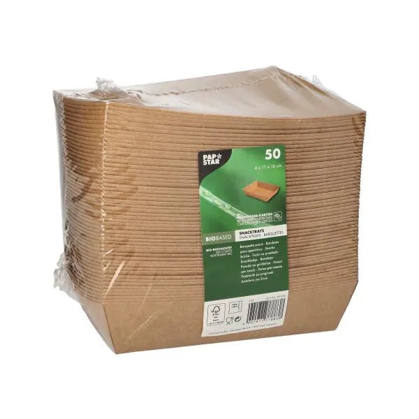 50 brown, rectangular PAPSTAR snack trays made of cardboard "pure" as sustainable disposable tableware, by PAPSTAR GmbH, packaged in plastic and with a green label with product information on the front.