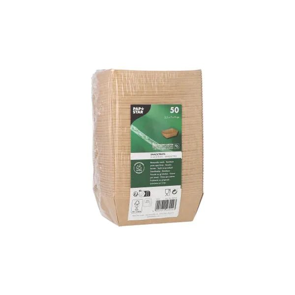 A pack of 50 PAPSTAR snack trays, cardboard "pure" - brown from PAPSTAR GmbH, stacked vertically in cling film. The label shows product info, recycling symbols, and a barcode. These eco-friendly bowls are sustainable disposable tableware.