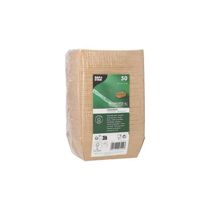 A pack of 50 PAPSTAR snack trays, cardboard "pure" - brown from PAPSTAR GmbH, stacked vertically in cling film. The label shows product info, recycling symbols, and a barcode. These eco-friendly bowls are sustainable disposable tableware.