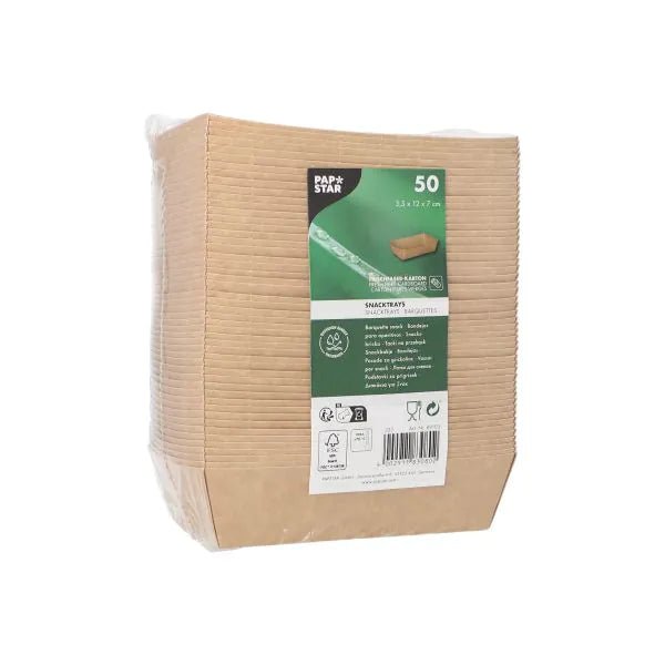 A sealed stack of 50 brown PAPSTAR "pure" snack trays made of cardboard (3.5 x 12 x 7 cm) with a green-black label by PAPSTAR GmbH for eco-friendly, sustainable disposable solutions.