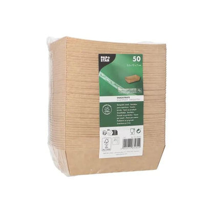 A sealed stack of 50 brown PAPSTAR "pure" snack trays made of cardboard (3.5 x 12 x 7 cm) with a green-black label by PAPSTAR GmbH for eco-friendly, sustainable disposable solutions.