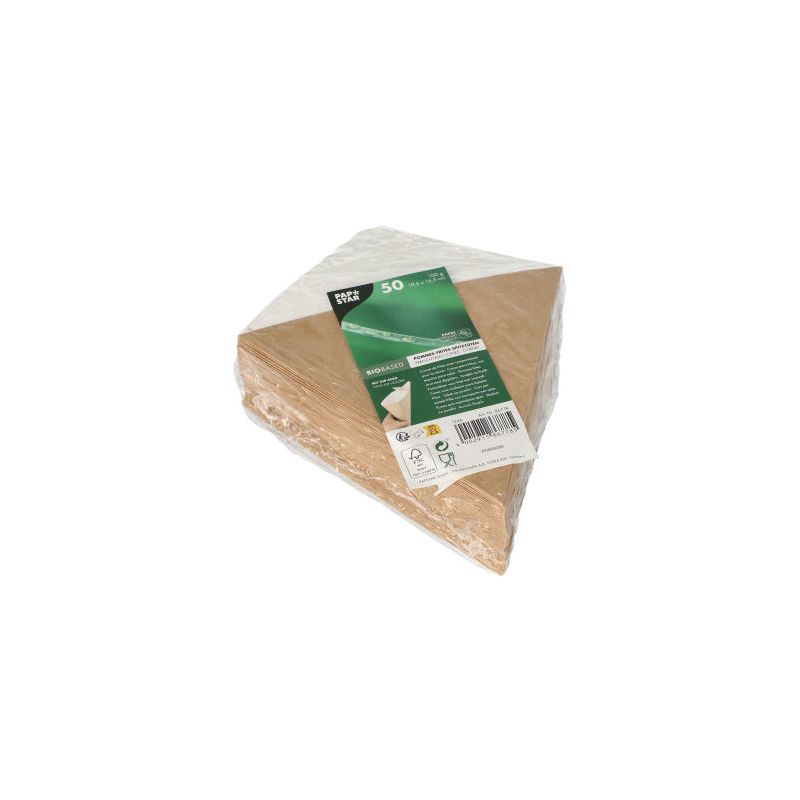 A set of PAPSTAR "pure" French fries cones with dip corner made from renewable resources is packaged in a transparent plastic film. The packaging is equipped with a green label with product information and barcode. The brown/white triangular to-go containers measure 19.5 cm x 16.5 cm and hold up to 100 g.