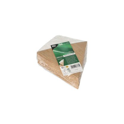 A set of PAPSTAR "pure" French fries cones with dip corner made from renewable resources is packaged in a transparent plastic film. The packaging is equipped with a green label with product information and barcode. The brown/white triangular to-go containers measure 19.5 cm x 16.5 cm and hold up to 100 g.