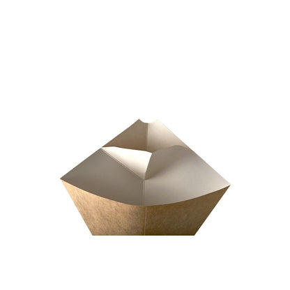 A minimalist photo shows a geometric to-go packaging made of brown paper with pointed edges, resembling a classic French fries cone with a dip corner. It stands against a plain white background, emphasizing its sustainable origin from renewable resources. This product is the PAPSTAR "pure" French fries cones from PAPSTAR GmbH, which are 19.5 cm x 16.5 cm in size and hold 100 g in their brown-white design.