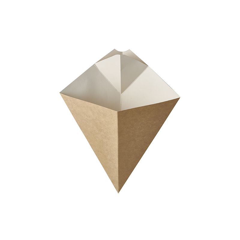 The French fries cone "pure" with dip corner from PAPSTAR GmbH is a triangular, brown paper bag made of sustainable material with a white interior, suitable for storing snacks like French fries. It holds up to 100 grams and is elegantly presented against a plain white background.