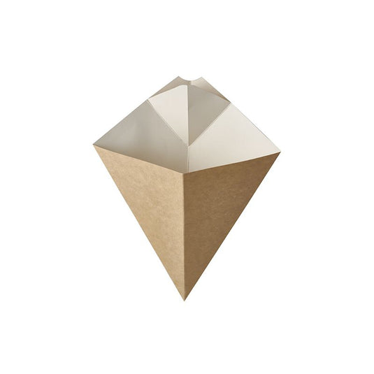 The French fries cone "pure" with dip corner from PAPSTAR GmbH is a triangular, brown paper bag made of sustainable material with a white interior, suitable for storing snacks like French fries. It holds up to 100 grams and is elegantly presented against a plain white background.