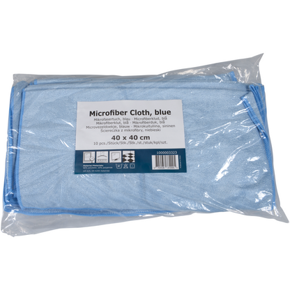 A transparent plastic packaging contains 10 blue Abena Re-Seller GmbH microfiber cloths Shiny-Stretch cloths, each 40x40 cm, with a multilingual label.