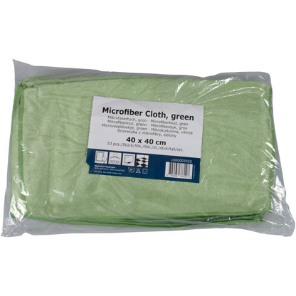 A 10-pack of Abena Re-Seller GmbH microfiber cloth Shiny-Stretch cloths, each 40x40 cm, is folded and sealed in a transparent plastic bag with multilingual labeling.