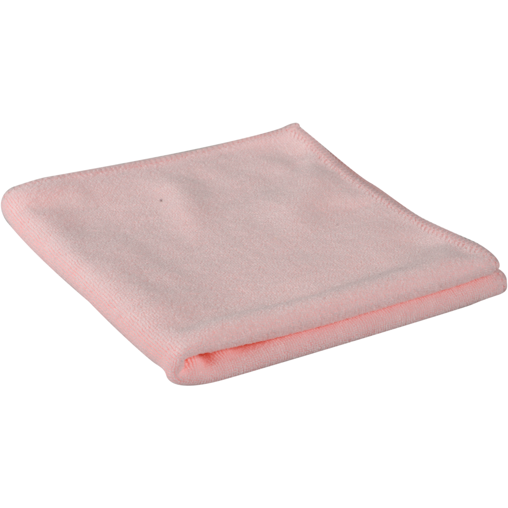 Pictured is a neatly folded light pink microfiber cloth ENA Platinum, 32x32 cm from Abena Re-Seller GmbH, on a white background. The cleaning cloth has stitched edges and a soft, smooth microfiber surface.