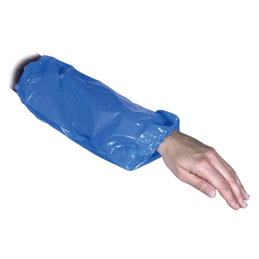 An arm wearing a sleeve protector, 40 cm, 30 my PE, Blue from Abena Re-Seller GmbH with elastic at the wrist and upper arm, depicted isolated on a white background. Package: 100 pieces.