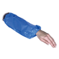 An arm wearing a sleeve protector, 40 cm, 30 my PE, Blue from Abena Re-Seller GmbH with elastic at the wrist and upper arm, depicted isolated on a white background. Package: 100 pieces.