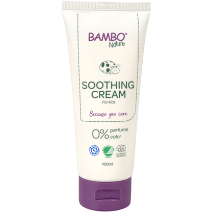 A white 100ml tube of Bambo Nature care cream from Abena Re-Seller GmbH, color and fragrance-free, ideal for sensitive skin, with a purple cap, green logo, certification symbols. Sold as a pack (6 pieces).