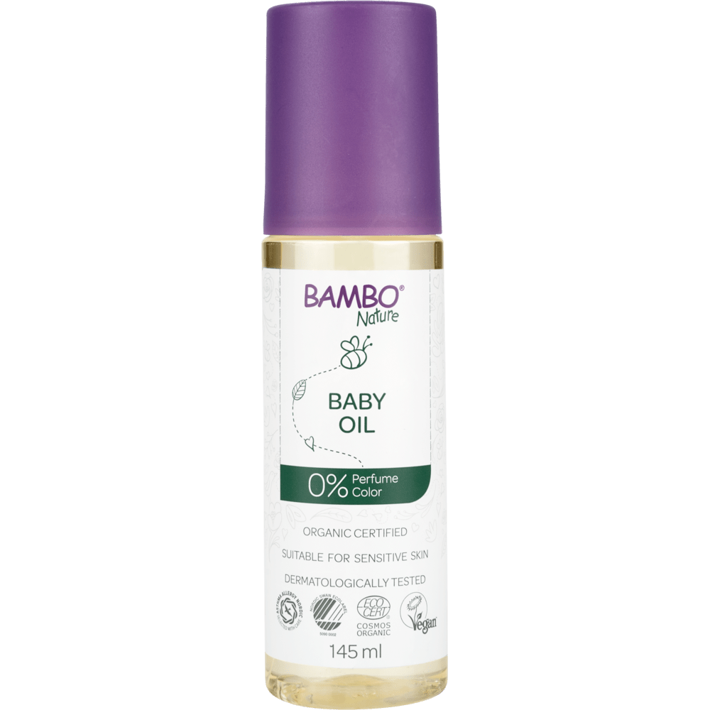 A 145 ml bottle of Bambo Nature Baby Oil from Abena Re-Seller GmbH, color and fragrance-free, organic certified, dermatologically tested, vegan - ideal for sensitive skin. This is a discontinued item, available in boxes of 48 packs.