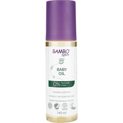 A 145 ml bottle of Bambo Nature Baby Oil from Abena Re-Seller GmbH, color and fragrance-free, organic certified, dermatologically tested, vegan - ideal for sensitive skin. This is a discontinued item, available in boxes of 48 packs.