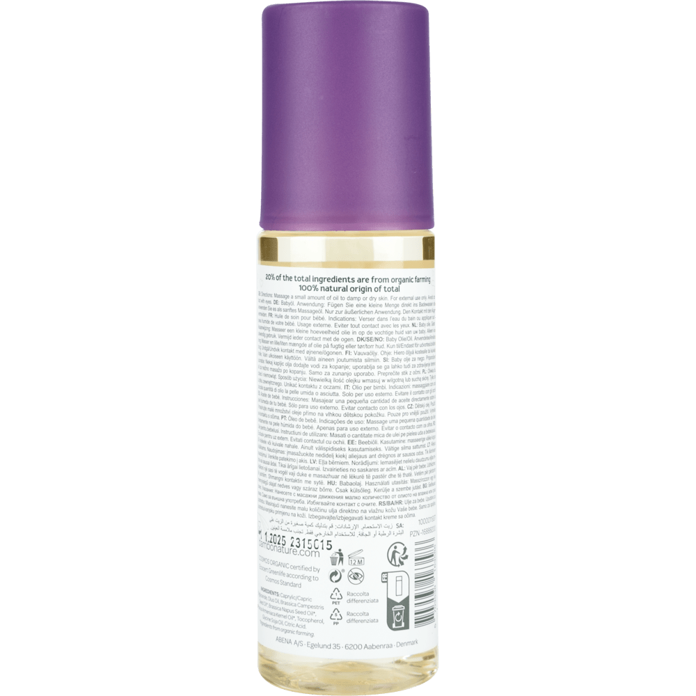 A 145 ml bottle discontinued item: Bambo Nature Baby Oil from Abena Re-Seller GmbH, color and fragrance-free, with a transparent lower half showing the liquid, and a purple cap; back label with ingredient information - ideal for sensitive skin.