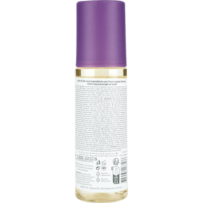 A 145 ml bottle discontinued item: Bambo Nature Baby Oil from Abena Re-Seller GmbH, color and fragrance-free, with a transparent lower half showing the liquid, and a purple cap; back label with ingredient information - ideal for sensitive skin.