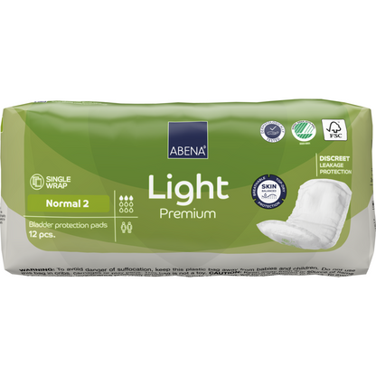 Eine Packung ABENA Light Normal 2, Premium von Abena Re-Seller GmbH (12 Stück) bietet diskreten Auslaufschutz und hohe Saugfähigkeit. Die grün-weiße Verpackung zeigt mit Produktinfos und Piktogrammen die erweiterten Vorteile.
