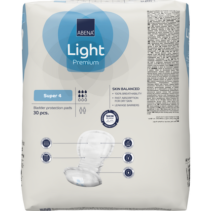Eine Packung ABENA Light Super 4, Premium (30 Stück) von Abena Re-Seller GmbH bietet einen atmungsaktiven, schnell absorbierenden Blasenschutz mit Hautausgleich, der auf der Vorderseite mit einer Tamponabbildung dargestellt ist.