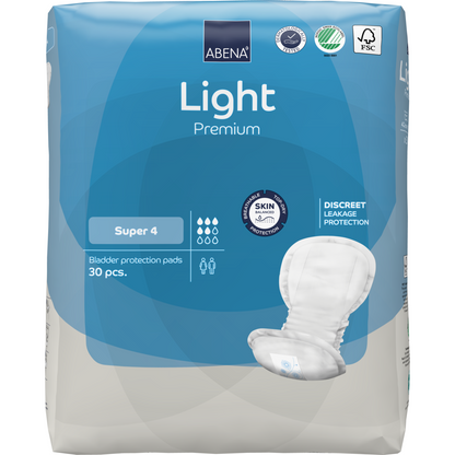 Eine Packung ABENA Light Super 4, Premium von Abena Re-Seller GmbH enthält 30 Pads. Die blau-graue Verpackung ist auf der Vorderseite mit Produktangaben und Zertifizierungslogos versehen.