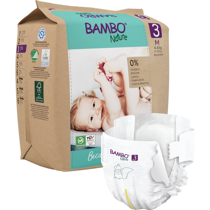 Eine Packung Bambo Nature by Abena Re-Seller GmbH mit umweltfreundlichen Windeln der Größe 3 zeigt ein lächelndes Baby. Auf der Vorderseite ist eine Windel abgebildet, die ihr Design und ihre Beschriftung zeigt - ideal für eine bewusste Babypflege.