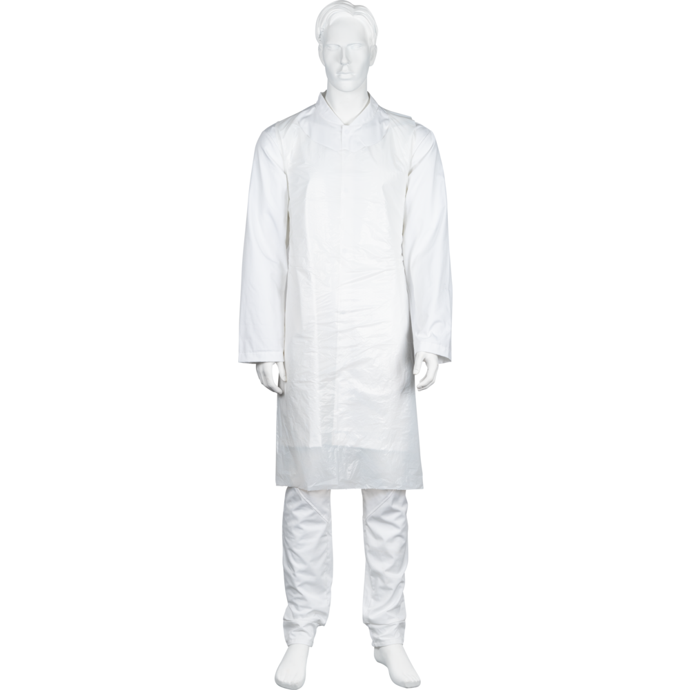A white mannequin is wearing the Abena Re-Seller GmbH disposable apron, blocked, 75x125 cm, 18 my LDPE, white (pack of 50 pieces) over matching white pants, standing in front of a plain white background.