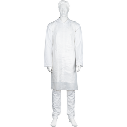 A white mannequin is wearing the Abena Re-Seller GmbH disposable apron, blocked, 75x125 cm, 18 my LDPE, white (pack of 50 pieces) over matching white pants, standing in front of a plain white background.
