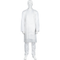 A white mannequin is wearing the Abena Re-Seller GmbH disposable apron, blocked, 75x125 cm, 18 my LDPE, white (pack of 50 pieces) over matching white pants, standing in front of a plain white background.