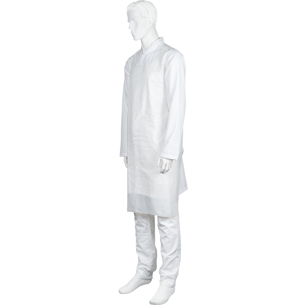 In front of a white background, a mannequin is wearing the Abena Re-Seller GmbH disposable apron, blocked, 75x125 cm, 18 my LDPE, white (pack of 50 pieces), combined with white pants and socks.