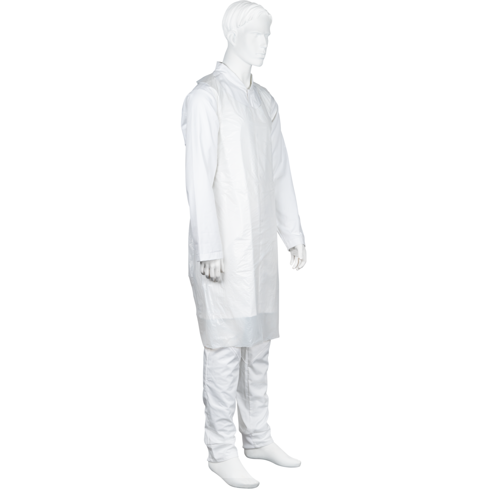 A white mannequin is wearing an Abena Re-Seller GmbH disposable apron, blocked, 75x125 cm, 18 my LDPE, white (50 pieces) over a white shirt, pants, and shoe covers in front of a solid white background.
