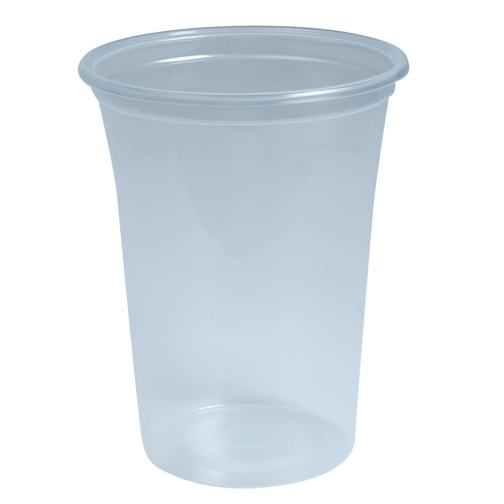 Pictured is a transparent Abena Re-Seller GmbH drinking glass made of shatterproof polypropylene against a white background. This dishwasher-safe cup has a slightly flared rim and smooth sides.