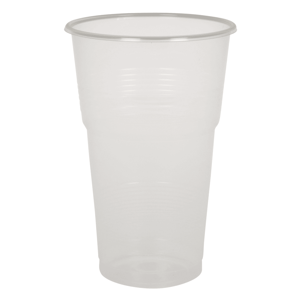 A transparent, empty plastic cup from the series of drinking glasses, PP by Abena Re-Seller GmbH stands upright on a solid white background, highlighting its durability and construction from polypropylene (PP).