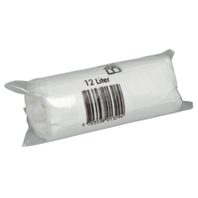 A roll of Abena Re-Seller GmbH Bin Line Bags 12 L, 400x570 mm, 10 my white LLDPE (20 bags) is delivered in transparent packaging with the inscription "12 L" and a barcode on the packaging.
