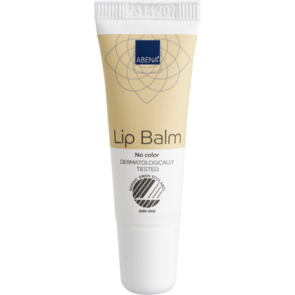 Die beige-weiße 10-ml-Tube der Abena Re-Seller GmbH Lippenpflegesalbe mit weißer Kappe und der Aufschrift "No color", "DERMATOLOGISCH GEPRÜFT" und dem Nordic Swan Ecolabel spendet Feuchtigkeit für weiche, gesunde Lippen. Erhältlich als Karton (300 Packungen).
