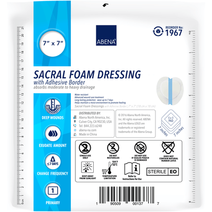 A roll of Abena Re-Seller GmbH trash bags 125 L, 800x1000 mm, 48 my LDPE, Blue (25 bags) contains product details, instructions for use, and sterility/handling symbols similar to those on the packaging of Abena Sacral Foam Dressing.